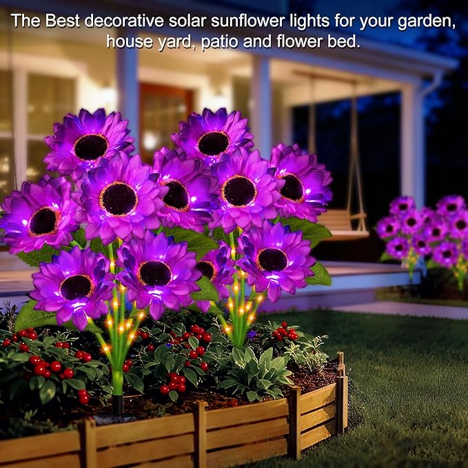 Solar Sunflower Lights Outdoor Garden Decor, 3 Pack Solar Purple Flowers Lights with 18 Sunflowers, Waterproof Fall Decor Stake Decorative Light Auto ON/Off for Garden Yard Patio, Gift for Women