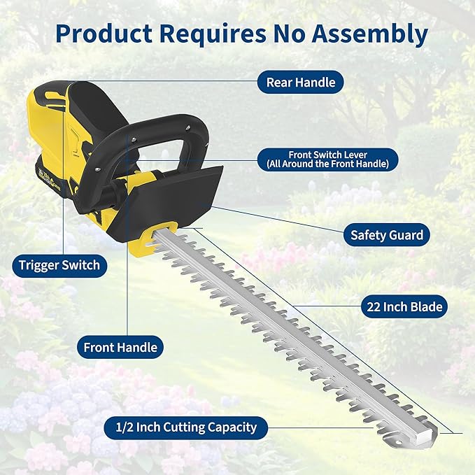 Hedge Trimmer Cordless with Battery, Electric Hedge Trimmer, 22 Inch Handheld Bush Trimmers, with 2 20V 2.0Ah Batteries and Charger, Brushless Motor, Dual Safety Switch, for Gardening, Lawns