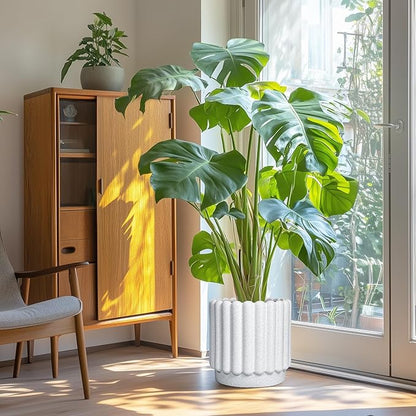 Ceramic Flower Pots - 12 Inch Plant Pot Indoor Outdoor, Fluted Large Ceramic Planters with Drainage Hole, Modern Round Planters, Apartment Decor, Plant Lover Gifts, White