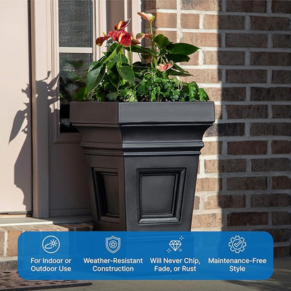 Step2 Atherton Square Planter, Large Planters for Outdoor Plants, Gardening and Flower Pot for Patio or Porch, Efficient Drainage, Durable Plastic, Onyx Black, 2-Pack