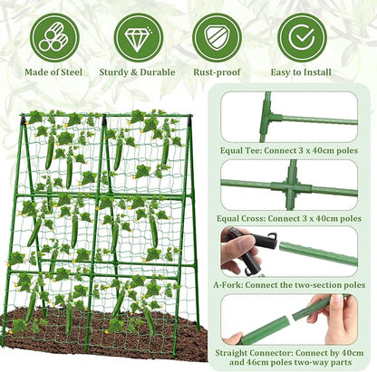 2 Packs Cucumber Trellis for Raised Beds, 31 X 47 Inch Adjustable Size A-Frame Garden Trellis for Climbing Plant Outdoors with Climbing Net and Plant Support Clip for Vegetable Grape Garden Supplies