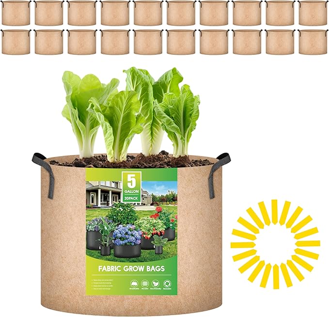 iPower 20 Pack 5 Gallon Grow Bags, Garden Planting Nonwoven Fabric Pots, Heavy Duty and Aeration Planter Pot with Reinforced Handle for Vegetables, Fruits and Flowers, Tan