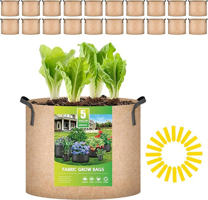 iPower 20 Pack 5 Gallon Grow Bags, Garden Planting Nonwoven Fabric Pots, Heavy Duty and Aeration Planter Pot with Reinforced Handle for Vegetables, Fruits and Flowers, Tan