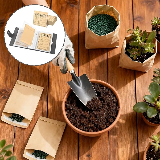 Seed Storage Organizer Binder, Leather Seed Packet Organizer with 50 Pack Seed Envelopes, Garden Seed Storage Holder Book, Plant Seed Saver, Flower Seed Keeper, Black, 3.1 x 4.7 Inch Seed Envelopes