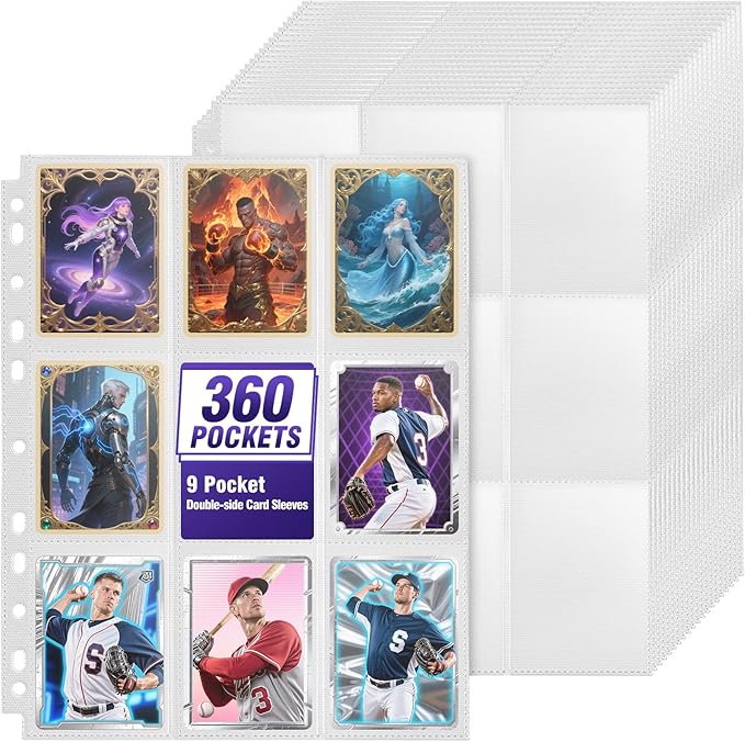 9 Pocket Trading Card Sleeves Binder Sheets, 360 Pockets White Side Loading Card Binder, Double-Sided Card Sleeve Pages for 3 Ring Binder, Card Holder Protectors for Baseball, MTG Game, Business Cards
