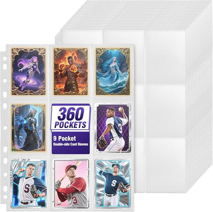 9 Pocket Trading Card Sleeves Binder Sheets, 360 Pockets White Side Loading Card Binder, Double-Sided Card Sleeve Pages for 3 Ring Binder, Card Holder Protectors for Baseball, MTG Game, Business Cards