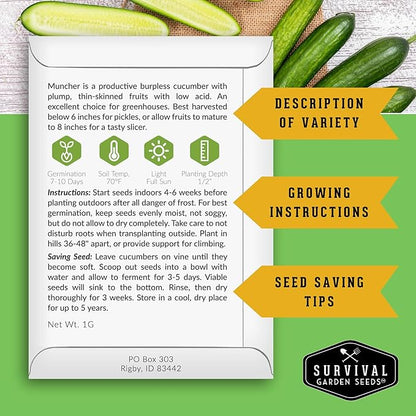 Muncher Cucumber Seeds for Planting | Burpless Variety with Smooth Skin for Snacking or Slicing – Survival Garden Seeds (1 Pack)
