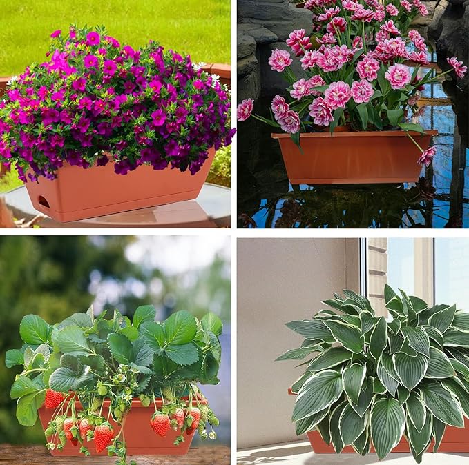Sohapy 7 Pack Window Box Planter, 17 Inches Plastic Flower Vegetable Planters Boxes with Drainage Holes and Trays Rectangular Flower Pots for Indoor Outdoor Garden, Patio, Home Decor (7, Brick RED)