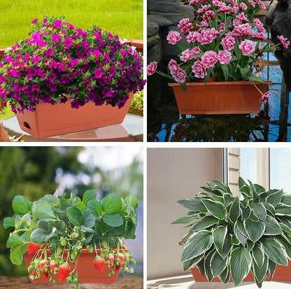 Sohapy 7 Pack Window Box Planter, 17 Inches Plastic Flower Vegetable Planters Boxes with Drainage Holes and Trays Rectangular Flower Pots for Indoor Outdoor Garden, Patio, Home Decor (7, Brick RED)