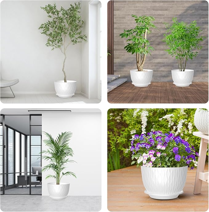 12 inch Large Plant Pots, Flower Pots with Multi-Mesh Drainage Holes and Saucer, Plastic Planters for Indoor and Outdoor Garden Plants (White, 12")