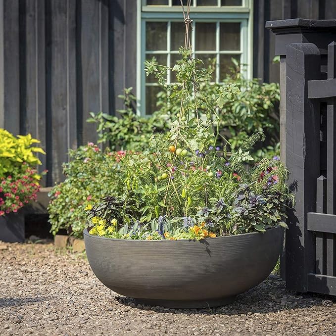 Crescent Garden Large Outdoor Planter Bowl – Double-Walled Resin Pot with Drain Hole for Water Gardens, Fountains, Decorative Landscaping - 30" W x 12" H (Caviar Black)