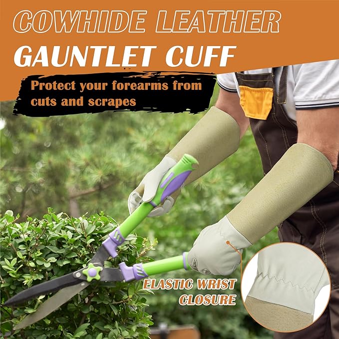 HANDLANDY Rose Pruning Gloves for Men & Women, Long Thorn Proof Gardening Gloves, Breathable Pigskin Leather Gauntlet, Best Garden Gifts & Tools for Gardener (Pack of 2)