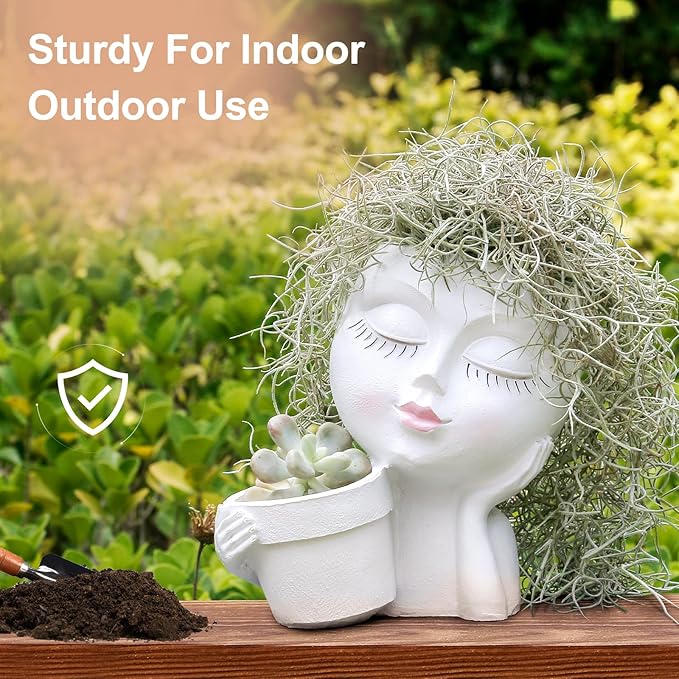 Face Planter Pots Head, Planters for Indoor Plants - Double Cute Plant Pots for Flower & Succulent with Drainage Holes - Ideal Present Ideas (White Lady)