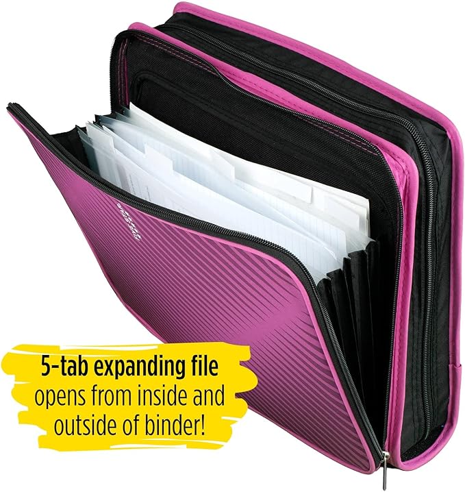 Five Star Zipper Binder, 2 Inch 3-Ring Binder for School, 6 Pocket Expanding File, 380 Sheet Capacity, Purple (72540)