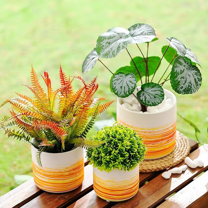 Ceramic Plant Pots 5.1+4.3+3.7 inch Hand-Painted Small Flower Pot Set of 3 Planters with Drainage Hole and Plug Used for Indoor Plants and Other Outdoor Garden（Orange）