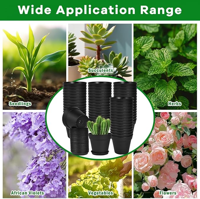 June Fox 60 Pack Small Plant Pots Indoor 4 Inch Plastic Planter with Drainage Holes and Saucers Premium Black Pots for Plants Bulk for Succulent, African Violets, Flowers, Seed Starting