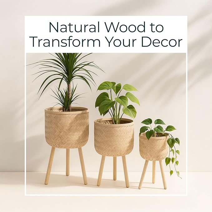 Set of 3 Decorative Planter Pots with Wooden Legs – Bamboo & Pine – Indoor & Outdoor Modern Plant Pot – Decorative Pots for Plants & Home Decor Planters – 22", 26", 30", White