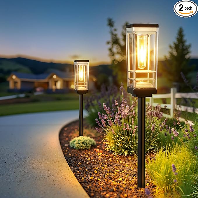 2 Pack Solar Lights Outdoor Pathway, Up to 15 Hrs Brighter LED Path Light Waterproof, Luxury Tall Solar Outdoor Light for Garden Yard Walkway Driveway Landscape, Warm White