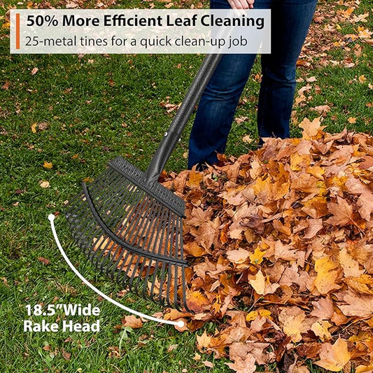 Rake, Gardening Rakes for Leaves Lawns Heavy Duty, 79 in Leaf Rake with 25 Clog-Free Tines, 18.5” Wide Large Head, Metal Garden Tools for Yard Quick Cleanup Garss, Debris, Detachable for Camping