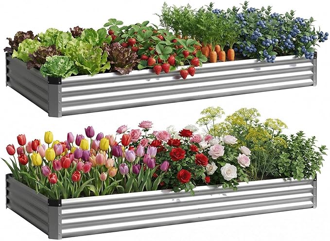2PCS 6x2x1 FT Rectangle Metal Raised Garden Bed Kit, Elevated Garden Planter Box Outdoor, Large Planters for Outdoor Plants, Flower, Vegetables, Fruit, Herbs (Silver)