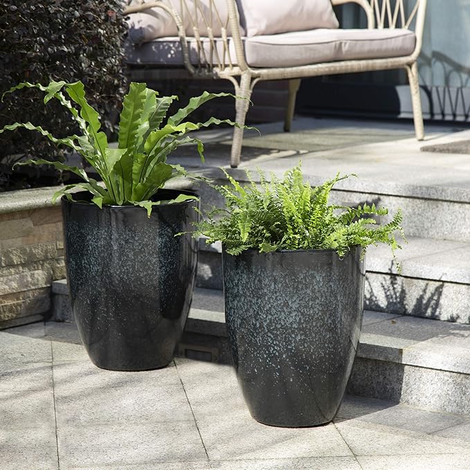 Glitzhome Large Planters for Outdoor Plants, Tall Outdoor Planter with Drainage Holes, Large Faux Ceramic Tall Flower Pots,Oversized Planters for Front Porch,Garden,Patio and Deck,16.75''H,Set of 2