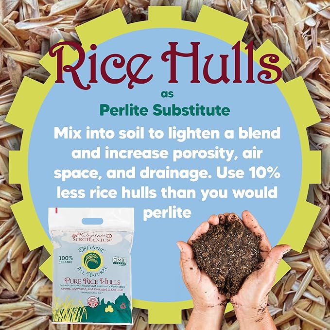 Organic Mechanics Pure Rice Hulls, 8 qt (Pack of 2) - Sustainable Alternative to Perlite - Enhances Drainage, Porosity and Air Space - Eco-Friendly
