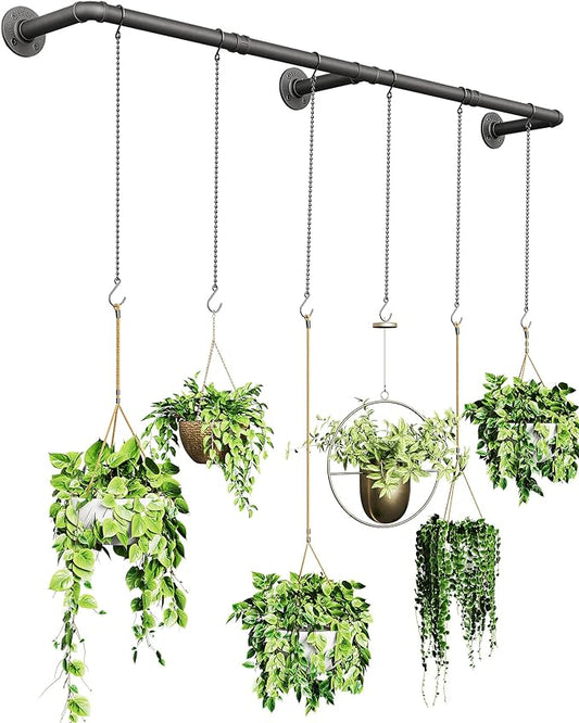 Plant Haning Rod, Hanging Planters for Indoor Plants with 6 Chains, Wall Plant Hanging Bar for Window Celling, 65.7 Inch, Metal Black, Pots Not Included