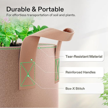 VIVOSUN 5-Pack 5 Gallons Grow Bags Heavy Duty Thickened Nonwoven Fabric Pots with Strap Handles Tan
