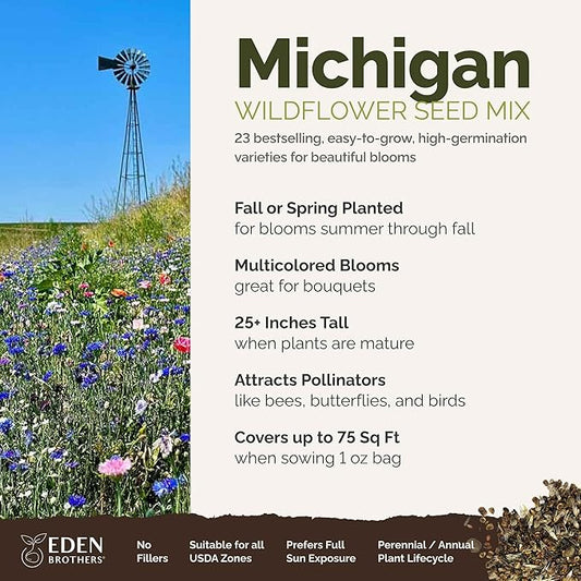 Eden Brothers Michigan Wildflower Mixed Seeds for Planting, 1 oz, 30,000+ Seeds with Cornflower, Sweet William, Cosmos | Attracts Pollinators, Plant in Spring or Fall, Zones 3, 4, 5, 6, 7, 8, 9, 10