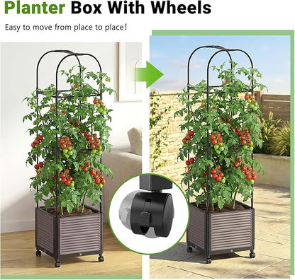 DoCred 60" H Raised Garden Bed Planter Box with Wheels, 2 Pack Tomato Cage Planter Raised Garden Bed with Trellis for Climbing Vegetables Plants Tomato Cage, Indoor Outdoor Use