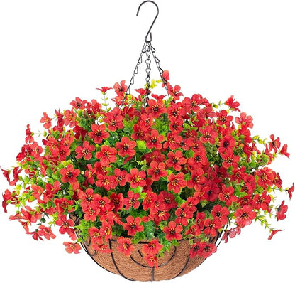 HyeFlora Artificial Fake Hanging Red Plants Flowers Basket for Outdoor Fall Winter Christmas, Faux Silk Daisy Mums Look Real UV Resistant for Outside Porch Home Patio Garden Yard Decoration