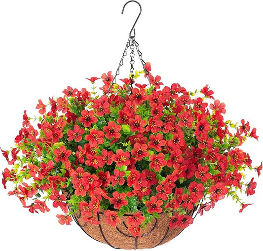 HyeFlora Artificial Fake Hanging Red Plants Flowers Basket for Outdoor Fall Winter Christmas, Faux Silk Daisy Mums Look Real UV Resistant for Outside Porch Home Patio Garden Yard Decoration
