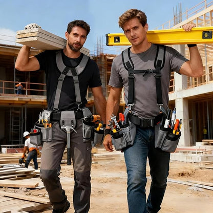 Tool Belt with Suspenders, Tool Belts for Men, Magnetic Wristband & Detachable Pouch – Heavy Duty Adjustable Belt for Electricians, Carpenters, DIY, Construction,Gift (Gray, Universal)