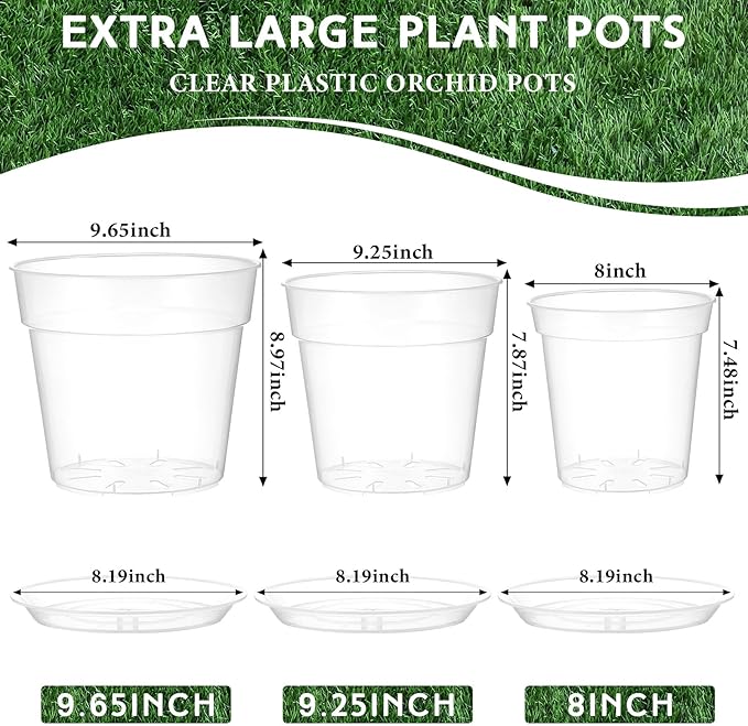 Baderke 3 Pack Clear Nursery Pot Plastic Nursery Pot Large Plant with Drainage Holes for Root Health Indoor Outdoor(8 Inches,9.25inches,9.65inches)