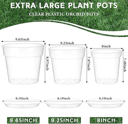 Baderke 3 Pack Clear Nursery Pot Plastic Nursery Pot Large Plant with Drainage Holes for Root Health Indoor Outdoor(8 Inches,9.25inches,9.65inches)