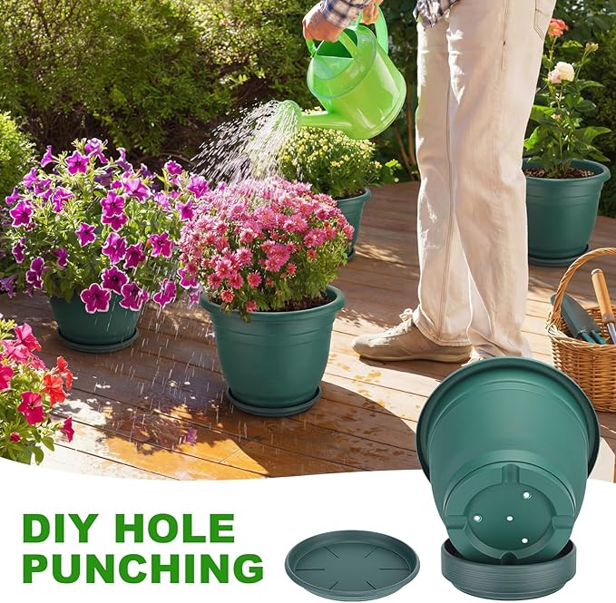 12 Pcs 12'' Plastic Plant Pots Round Planter Pots with Saucer Tray Seedling Pot Hole Seed Resin Plant Pot Starting Nursery Flower Container with Pallet for Garden Outdoor Indoor (Green)