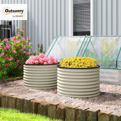 Outsunny Galvanized Raised Garden Bed Set of 2, Planters for Outdoor Plants with Safety Edging, Easy-to-Assemble Stock Tanks for Growing Flowers, Herbs and Vegetables, 3' x 3' x 2', Cream White