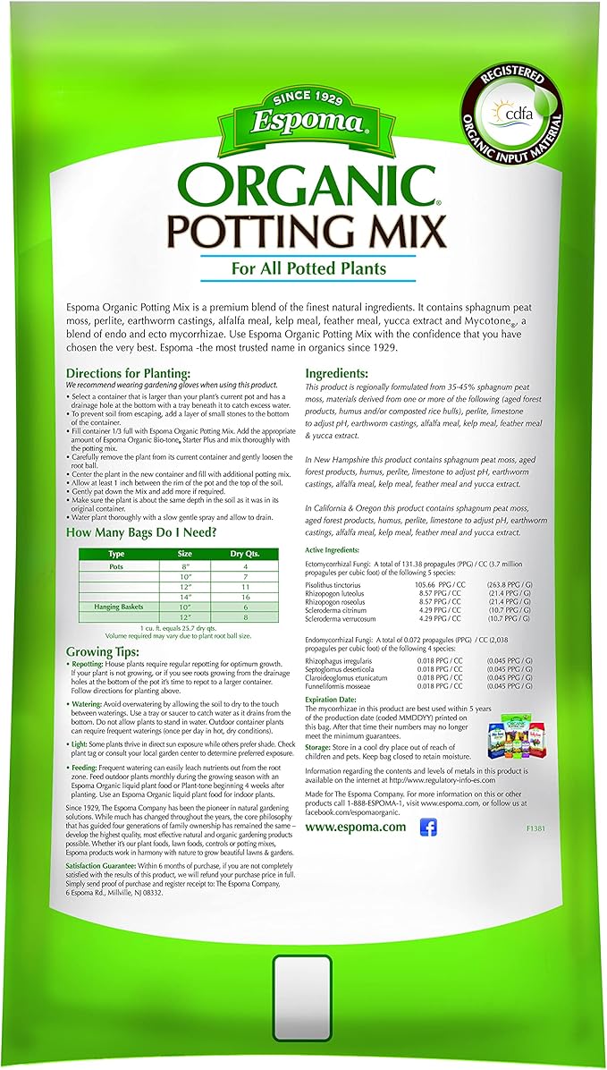 Espoma Organic Potting Soil Mix - All Natural Potting Mix For All Indoor & Outdoor Containers Including Herbs & Vegetables. For Organic Gardening, 1 Cubic Foot. bag. Pack of 1