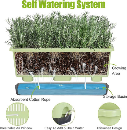 Window Box Planter 4 Packs, 17 Inches Rectangle Flower Pots with Drainage Holes & Trays, Pots for Vegetables, Herbs, Flowers, Garden Windowsill Balcony (Light Green, 17 * 5.1 * 6 inch)