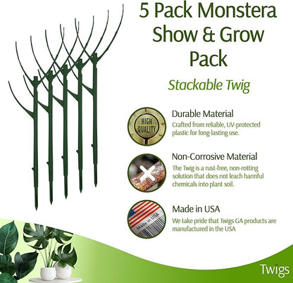 Stackable Monstera Plant Support Stakes, Climbing Support for Indoor & Outdoor Use, Plant Accessories, Aesthetic Alternative to Moss Poles & Trellises – Monstera Green, 5 Pack, 17" L