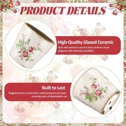 1 Pcs Ceramic Floral Plant Pots with Drainage Hole 5.5 Inch Vintage Farmhouse Accent Planter Rustic Ice Glazed Crack Flower Planter for Indoor Outdoor Home Decor (Pink Rose,Beige and Pink)