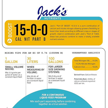 Jack's Classic Nutrients 15-0-0 Part B Calcium Nitrate Water-Soluble Fertilizer for Calcium Uptake and Strong Leaf Growth in Continuous Liquid Feed Programs, 2.2lbs