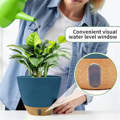 MNKXL 12"/10"/9"/8" Self Watering Pots with Visual Water Window,Extra Large Self Watering Plant Pots with Drainage Holes & Saucers,Blue Planters for Indoor Plants,4-Pack