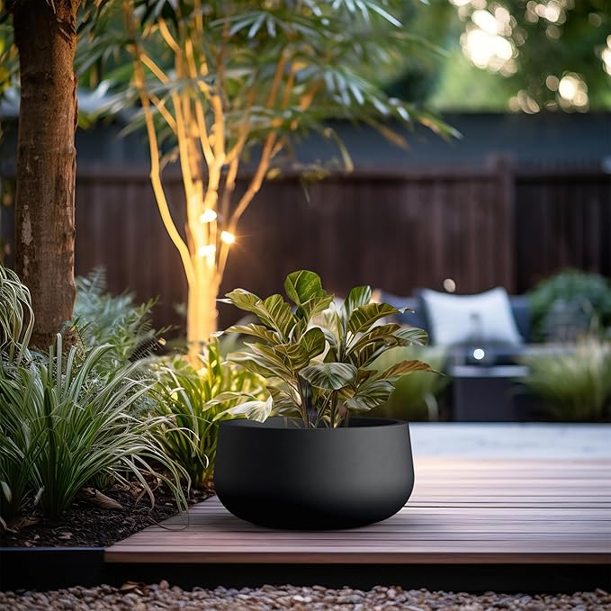 Kante 19.6" Dia Round Concrete Planter, Cement Plant Pots with Drainage Hole and Rubber Plug for Outdoor Indoor Garden Home, Modern Curvaceous Design, Black