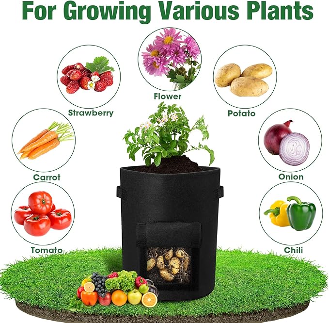 Hushee 10 Pas 10 Gallon Potato Grow Bags Garden Planting Bag with Handle Fabric Thick Fabric Containers for Tomato Vegetable