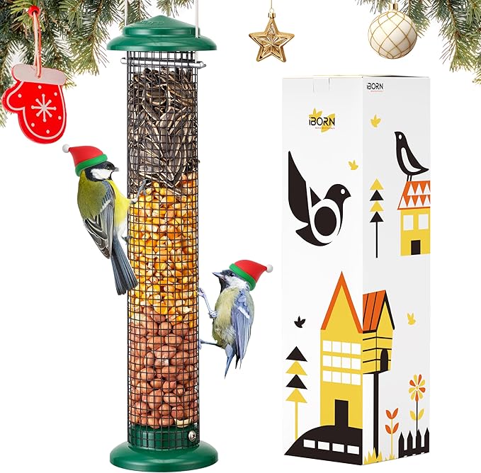 iBorn Metal Peanut Bird Feeder for Outdoors - 14" Peanut & Sunflower Seed Feeder, Hanging Metal Mesh Mixed Seed Bird Feeder with Easy-Clean Design for Woodpeckers, Jays, Titmice,Green