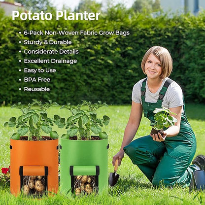 6 Pack Potato Grow Bags, 10 Gallon Planting Bags Large Fabric Pots with Flap Window Vegetable Planter Garden Pot Tall Potato Growing Containers with Handles for Vegetables, Fruits, Green + Orange