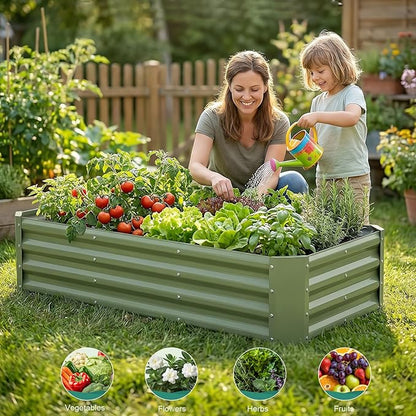 Galvanized Raised Garden Bed - 4x2x1ft (2Packs) Metal Garden Planter Box Outdoor | Steel Raised Bed Kit with Bracing Rods, Gloves for Gardening Vegetables Fruits and Flowers (Oliver Green)