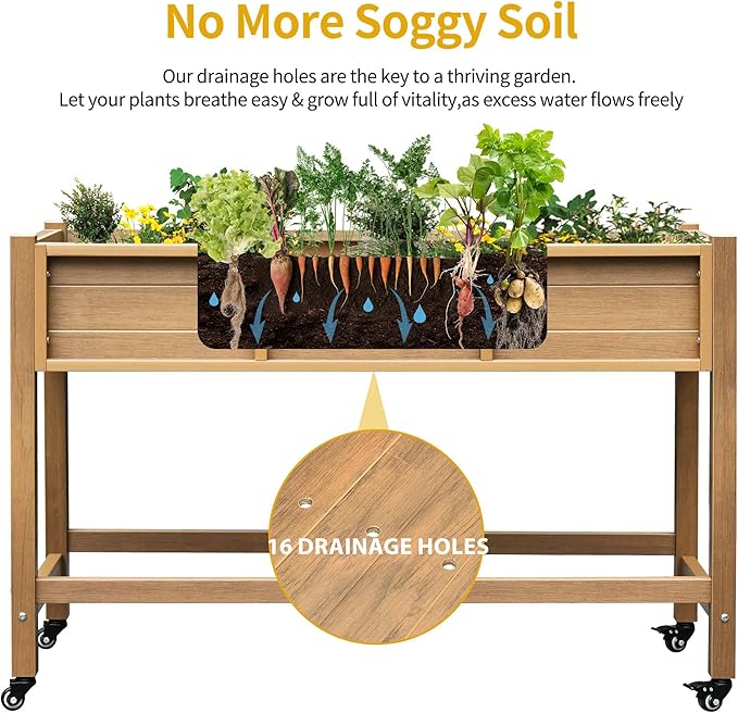 DWVO 47x18x31in Raised Garden Bed HDPE, Weather-Resistant Poly Wood Planter Box Stand, Planter Box with Legs & Lockable Wheels, Elevated Garden Bed for Backyard Patio Balcony - Brown