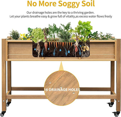 DWVO 47x18x31in Raised Garden Bed HDPE, Weather-Resistant Poly Wood Planter Box Stand, Planter Box with Legs & Lockable Wheels, Elevated Garden Bed for Backyard Patio Balcony - Brown